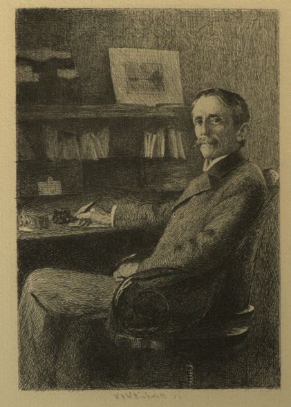 Etching of Frank R. Stockton A mustachioed man looks back from his desk. He's holding a pen to paper.