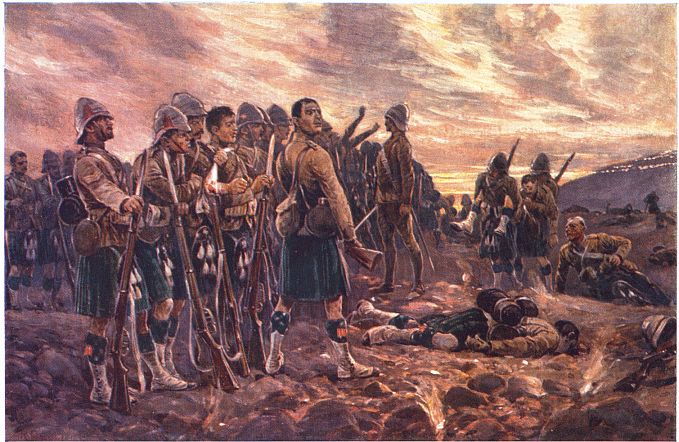 "ALL THAT WAS LEFT OF THEM." THE BLACK WATCH AFTER THE BATTLE OF MAGERSFONTEIN. From the Drawing by R. Caton Woodville. "ALL THAT WAS LEFT OF THEM." THE BLACK WATCH AFTER THE BATTLE OF MAGERSFONTEIN. From the Drawing by R. Caton Woodville.
