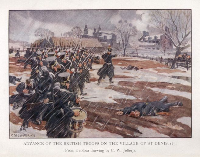 Advance of the British troops on the village of St. Denis, 1837. From a colour drawing by C. W. Jefferys.