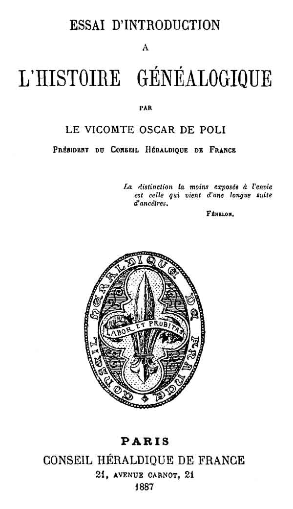 Essai d'Introduction à l'Histoire Généalogique Essai d'Introduction à l'Histoire Généalogique
