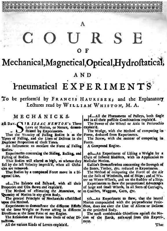 A Course of Mechanical, Magnetical, Optical, Hydrostatical and Pneumatical Experiments perform'd by Francis Hauksbee, and the Explanatory Lectures read by William Whiston, M.A. A Course of Mechanical, Magnetical, Optical, Hydrostatical and Pneumatical Experiments perform'd by Francis Hauksbee, and the Explanatory Lectures read by William Whiston, M.A.