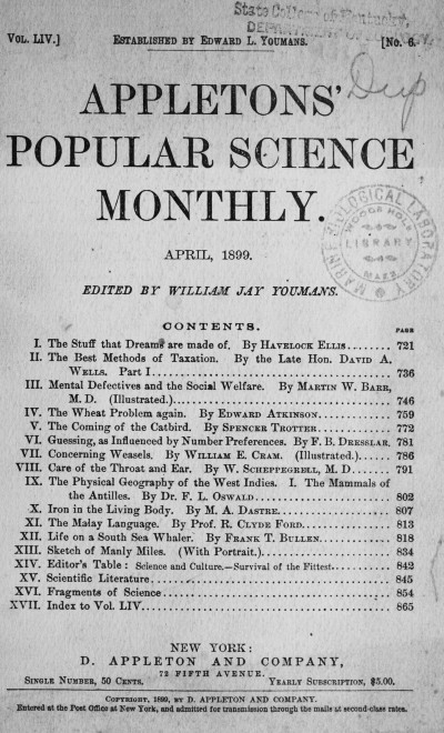 Appletons' Popular Science Monthly, April 1899
Volume LIV, No. 6, April 1899