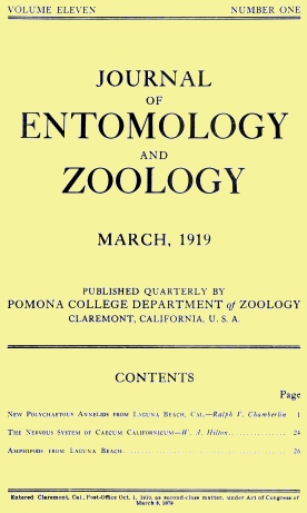 Journal of Entomology and Zoology, Vol. 11, No. 1, March 1919 Journal of Entomology and Zoology, Vol. 11, No. 1, March 1919