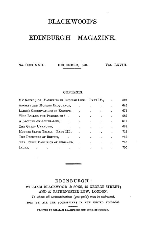 Blackwood's Edinburgh Magazine, Vol. 68, No 422, December 1850 Blackwood's Edinburgh Magazine, Vol. 68, No 422, December 1850