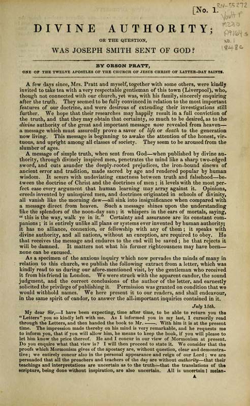 Divine Authority; Or, the Question: Was Joseph Smith Sent of God?