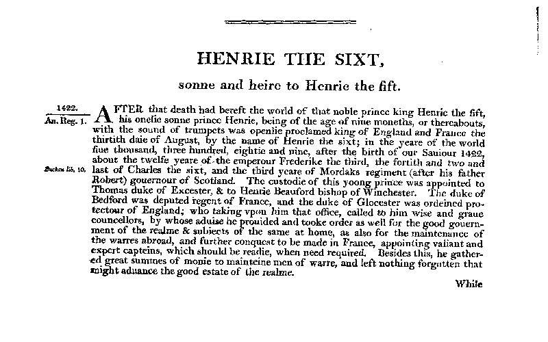 Chronicles of England, Scotland and Ireland (3 of 6): England (3 of 9)
Henrie the Sixt, Sonne and Heire to Henrie the Fift