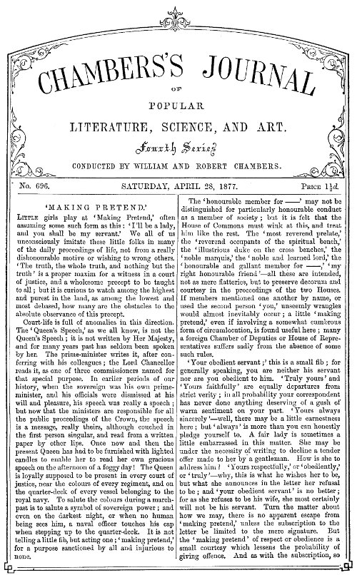 Chambers's Journal of Popular Literature, Science, and Art, No. 696
April 28, 1877.