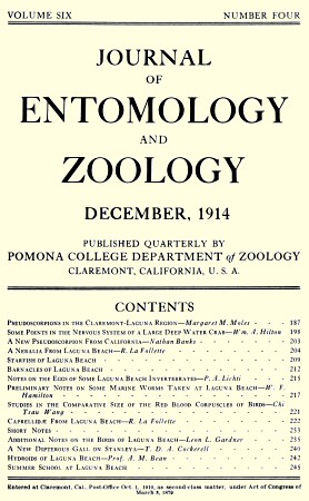 Journal of Entomology and Zoology, Vol. 06, No. 4, December 1914 Journal of Entomology and Zoology, Vol. 06, No. 4, December 1914