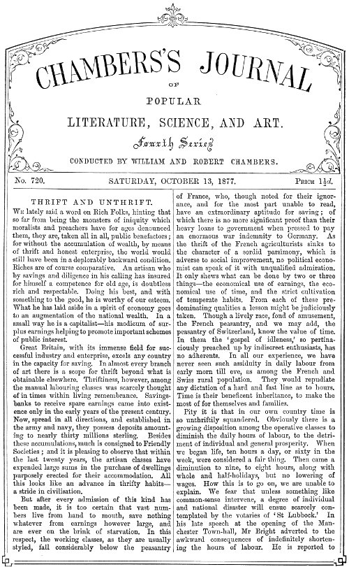 Chambers's Journal of Popular Literature, Science, and Art, No. 720, October 13, 1877 Chambers's Journal of Popular Literature, Science, and Art, No. 720, October 13, 1877