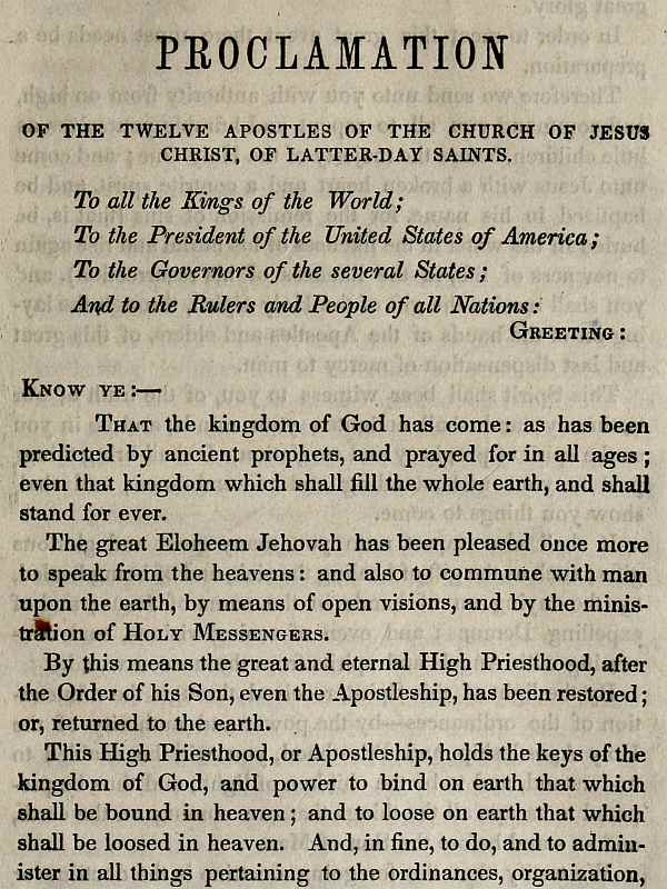 Proclamation of the Twelve Apostles of the Church of Jesus Christ of Latter-Day Saints Proclamation of the Twelve Apostles of the Church of Jesus Christ of Latter-Day Saints