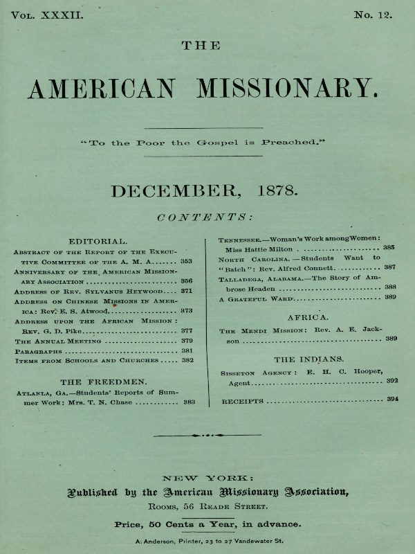 The American Missionary — Volume 32, No. 12, December, 1878 The American Missionary — Volume 32, No. 12, December, 1878