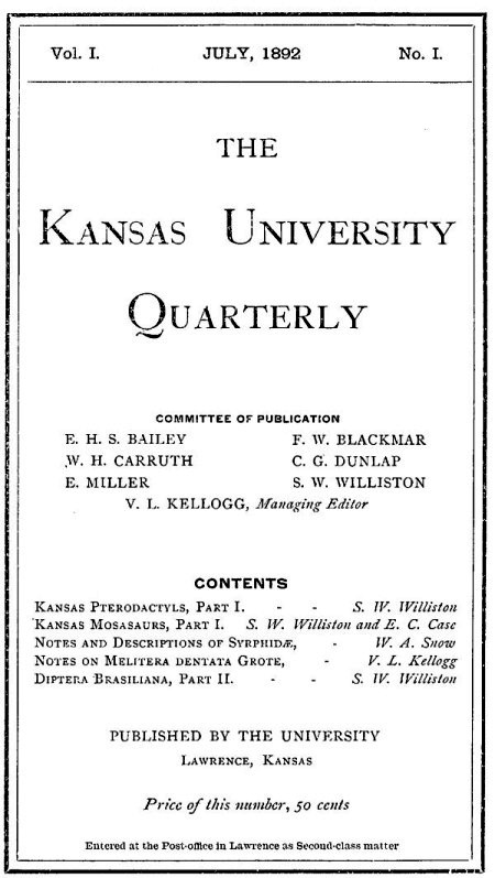 Various - Kansas Üniversitesi Dergisi, Cilt I, Sayı 1 (1892)