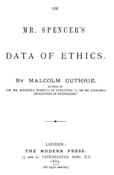On Mr. Spencer's Data of Ethics On Mr. Spencer's Data of Ethics