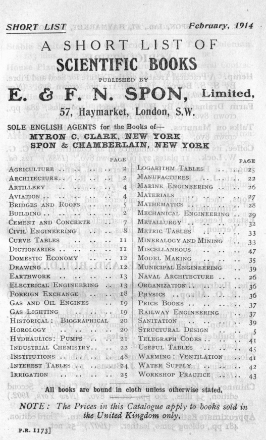 A Short List of Scientific Books Published by E. & F. N. Spon, Limited. February 1914 A Short List of Scientific Books Published by E. & F. N. Spon, Limited. February 1914