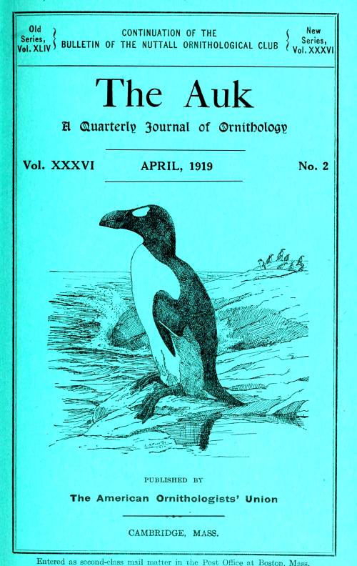 The Auk: A Quarterly Journal of Ornithology, Vol. XXXVI APRIL, 1919 No. 2 The Auk: A Quarterly Journal of Ornithology, Vol. XXXVI APRIL, 1919 No. 2