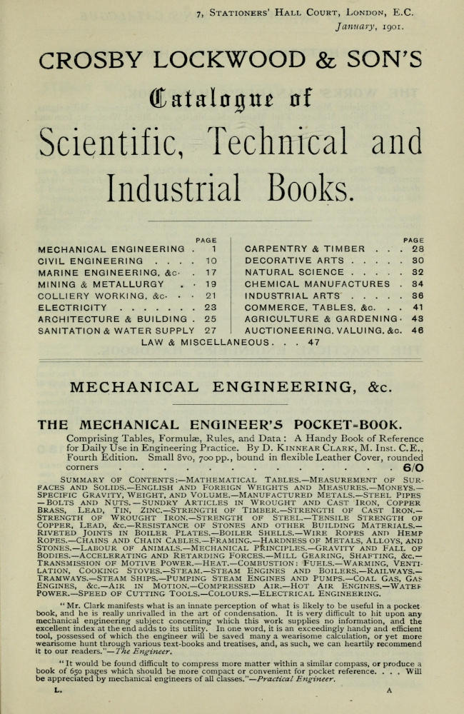 Crosby Lockwood & Son's Catalogue of Scientific, Technical and Industrial Books, January, 1901 Crosby Lockwood & Son's Catalogue of Scientific, Technical and Industrial Books, January, 1901