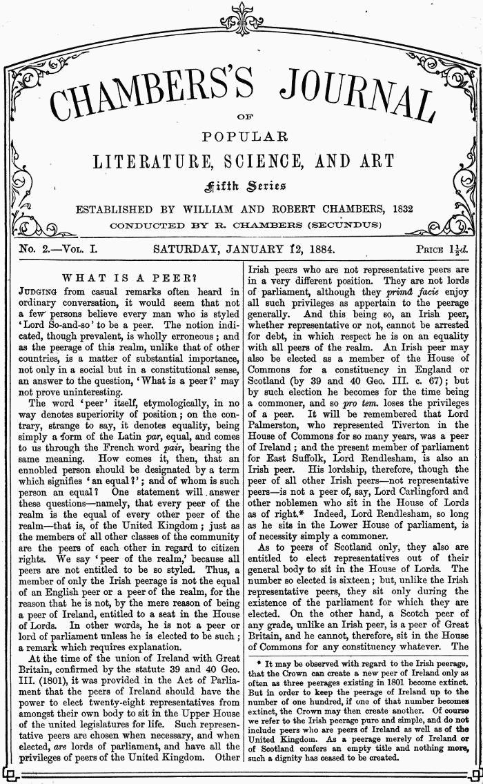 Chambers's Journal of Popular Literature, Science, and Art, Fifth Series, No. 2, Vol. I, January 12, 1884 Chambers's Journal of Popular Literature, Science, and Art, Fifth Series, No. 2, Vol. I, January 12, 1884