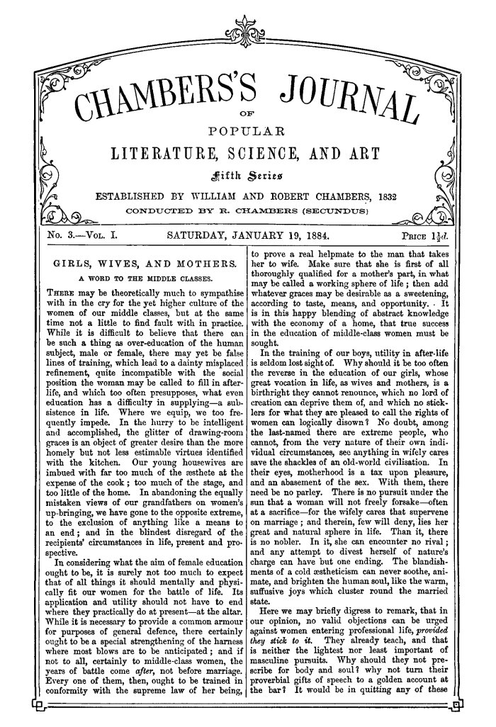 Chambers's Journal of Popular Literature, Science, and Art, Fifth Series, No. 3, Vol. I, January 19, 1884 Chambers's Journal of Popular Literature, Science, and Art, Fifth Series, No. 3, Vol. I, January 19, 1884