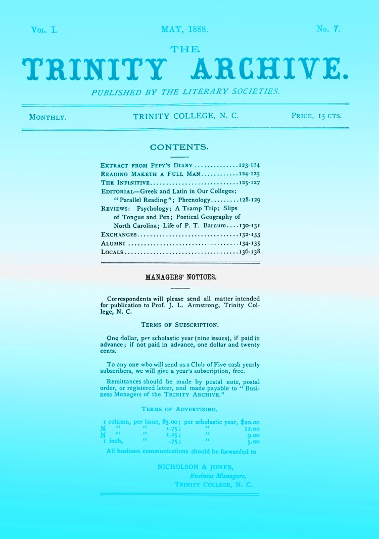 The Trinity Archive, Vol. I, No. 7, May 1888