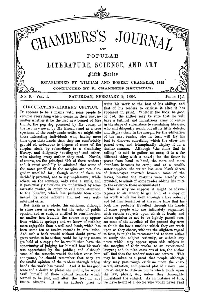 Chambers's Journal of Popular Literature, Science, and Art, Fifth Series, No. 6, Vol. I, February 9, 1884 Chambers's Journal of Popular Literature, Science, and Art, Fifth Series, No. 6, Vol. I, February 9, 1884