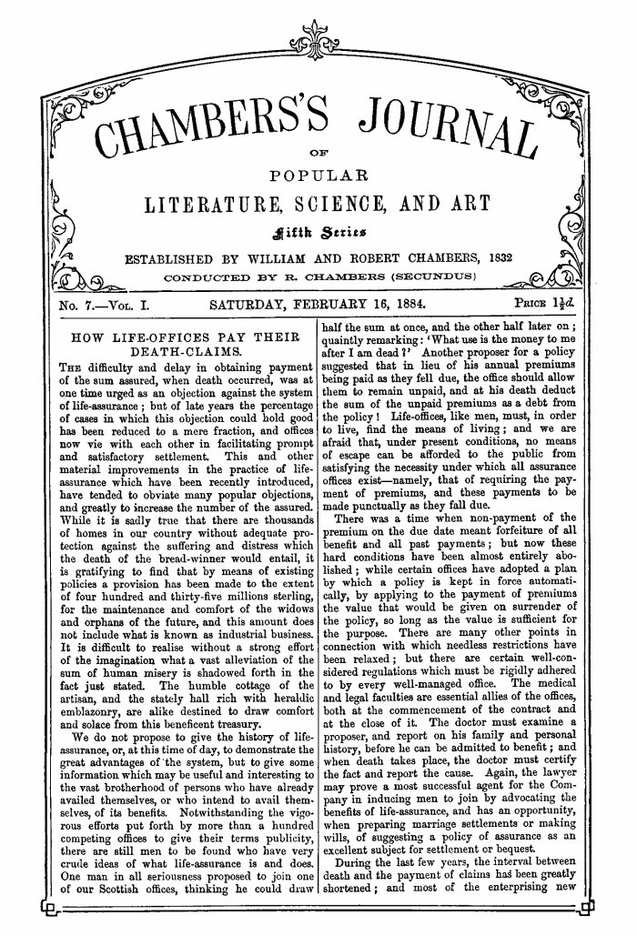 Chambers's Journal of Popular Literature, Science, and Art, Fifth Series, No. 7, Vol. I, February 16, 1884 Volume 18 Chambers's Journal of Popular Literature, Science, and Art, Fifth Series, No. 7, Vol. I, February 16, 1884 Volume 18