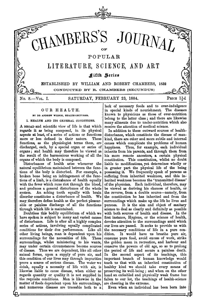 Chambers's Journal of Popular Literature, Science, and Art, Fifth Series, No. 8, Vol. I, February 23, 1884 Chambers's Journal of Popular Literature, Science, and Art, Fifth Series, No. 8, Vol. I, February 23, 1884