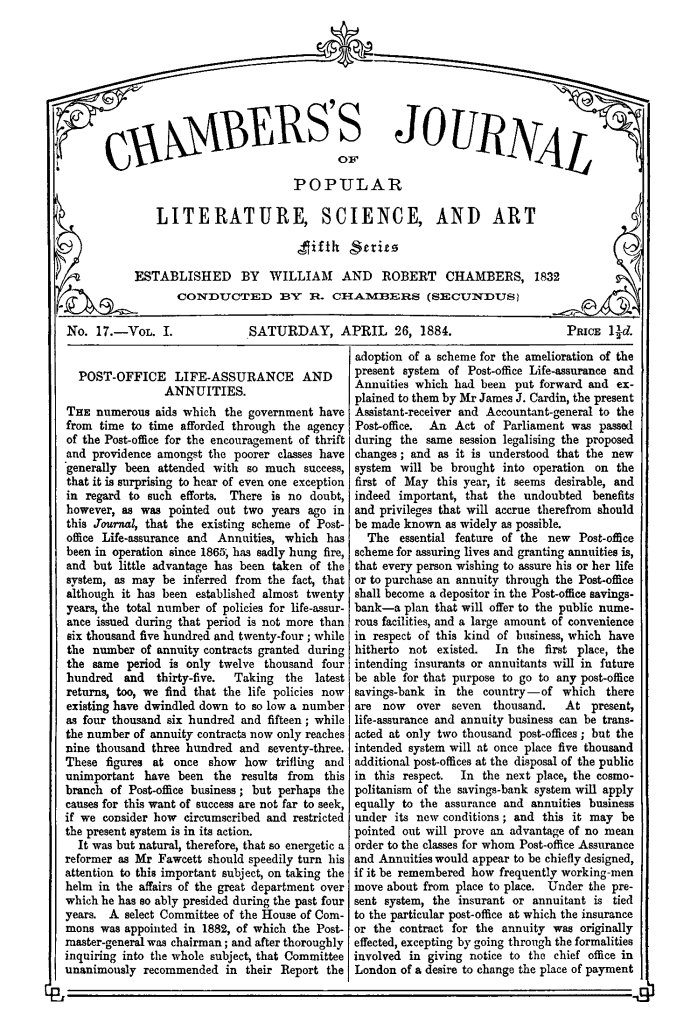 Chambers's Journal of Popular Literature, Science, and Art, Fifth Series, No. 17, Vol. I, April 26, 1884