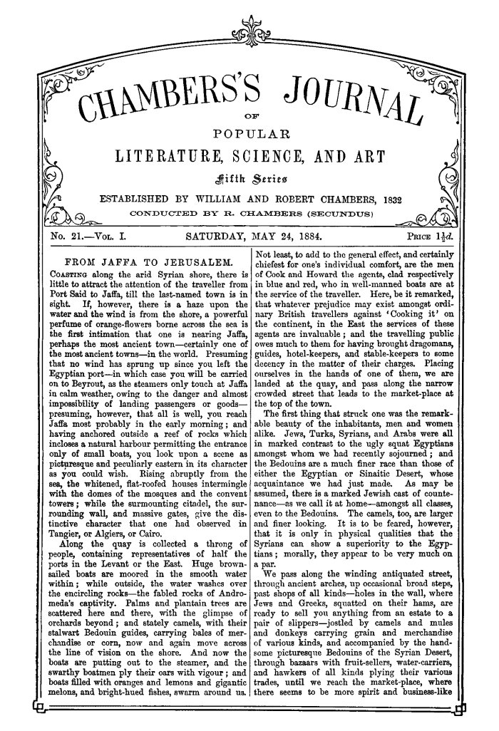 Chambers's Journal of Popular Literature, Science, and Art, Fifth Series, No. 21, Vol. I, May 24, 1884 Chambers's Journal of Popular Literature, Science, and Art, Fifth Series, No. 21, Vol. I, May 24, 1884