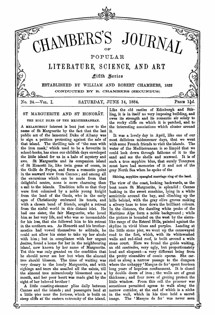 Chambers's Journal of Popular Literature, Science, and Art, Fifth Series, No. 24, Vol. I, June 14, 1884 Chambers's Journal of Popular Literature, Science, and Art, Fifth Series, No. 24, Vol. I, June 14, 1884