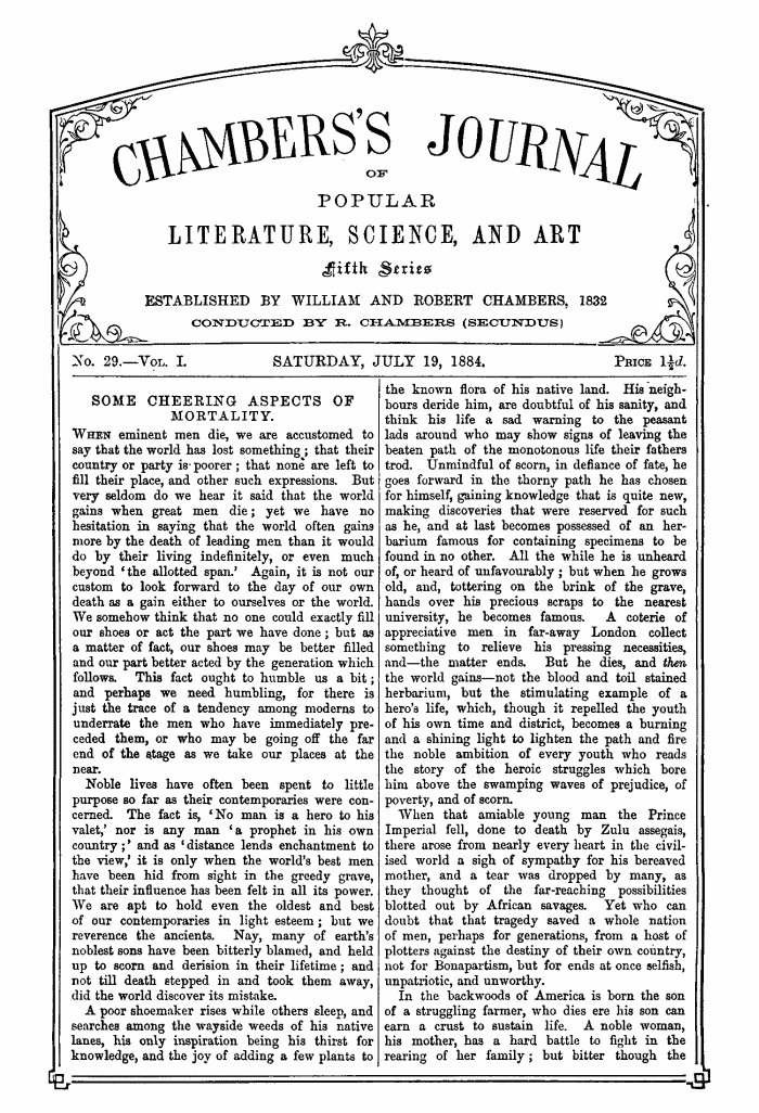 Chambers'ın Popüler Edebiyat, Bilim ve Sanat Dergisi, Beşinci Seri, Sayı 29, Cilt I, 19 Temmuz 1884. Chambers'ın Popüler Edebiyat, Bilim ve Sanat Dergisi, Beşinci Seri, Sayı 29, Cilt I, 19 Temmuz 1884.
