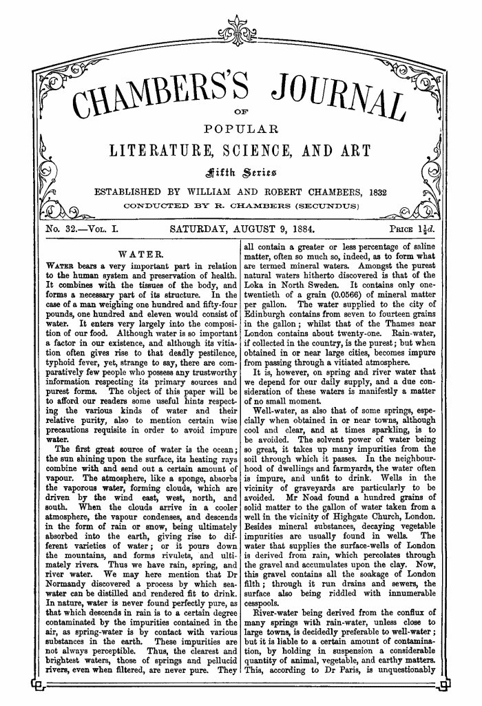 Chambers's Journal of Popular Literature, Science, and Art, Fifth Series, No. 32, Vol. I, August 9, 1884 Chambers's Journal of Popular Literature, Science, and Art, Fifth Series, No. 32, Vol. I, August 9, 1884