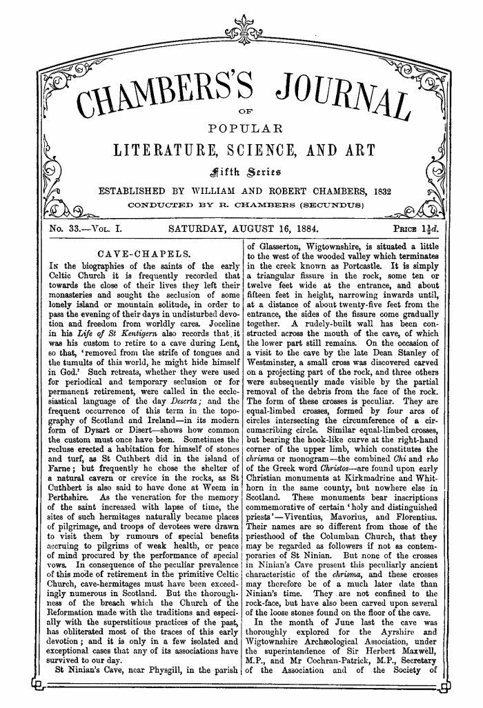 Chambers's Journal of Popular Literature, Science, and Art, Fifth Series, No. 33, Vol. I, August 16, 1884 Chambers's Journal of Popular Literature, Science, and Art, Fifth Series, No. 33, Vol. I, August 16, 1884