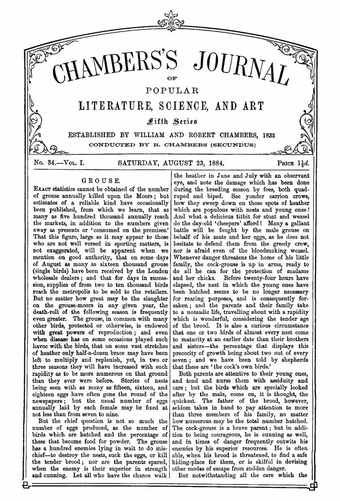 Chambers's Journal of Popular Literature, Science, and Art, Fifth Series, No. 34, Vol. I, August 23, 1884 Chambers's Journal of Popular Literature, Science, and Art, Fifth Series, No. 34, Vol. I, August 23, 1884