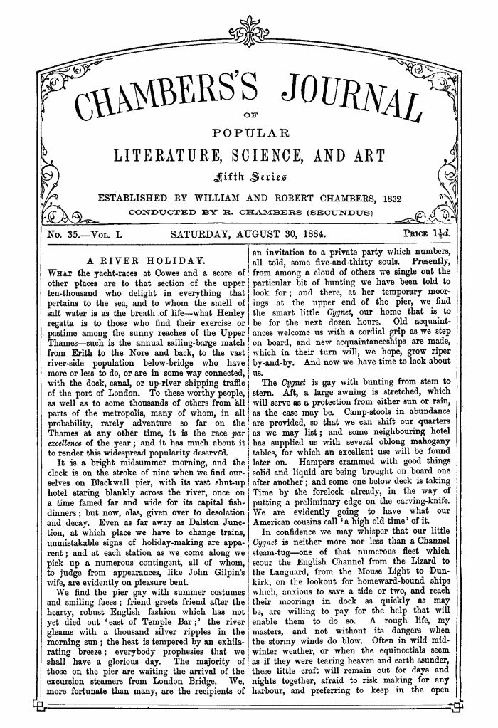 Chambers'ın Popüler Edebiyat, Bilim ve Sanat Dergisi, Beşinci Seri, No. 35, Cilt I, 30 Ağustos 1884
