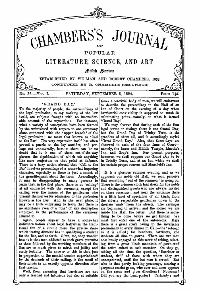 Chambers's Journal of Popular Literature, Science, and Art, Fifth Series, No. 36, Vol. I, September 6, 1884