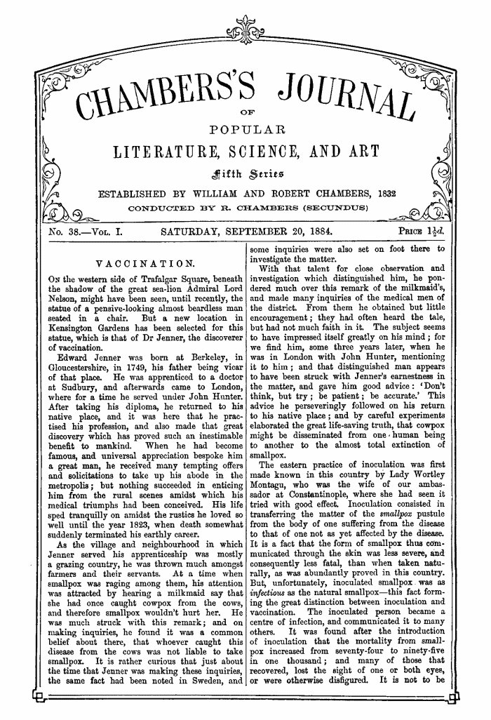 Chambers's Journal of Popular Literature, Science, and Art, Fifth Series, No. 38, Vol. I, September 20, 1884 Chambers's Journal of Popular Literature, Science, and Art, Fifth Series, No. 38, Vol. I, September 20, 1884