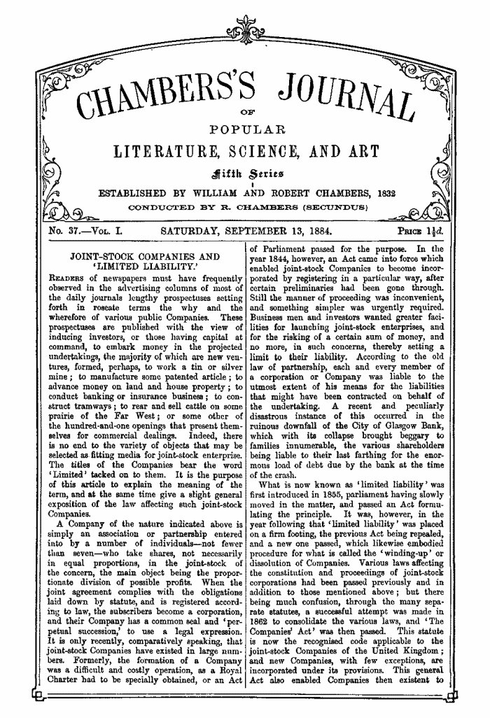 Chambers's Journal of Popular Literature, Science, and Art, Fifth Series, No. 37, Vol. I, September 13, 1884 Chambers's Journal of Popular Literature, Science, and Art, Fifth Series, No. 37, Vol. I, September 13, 1884