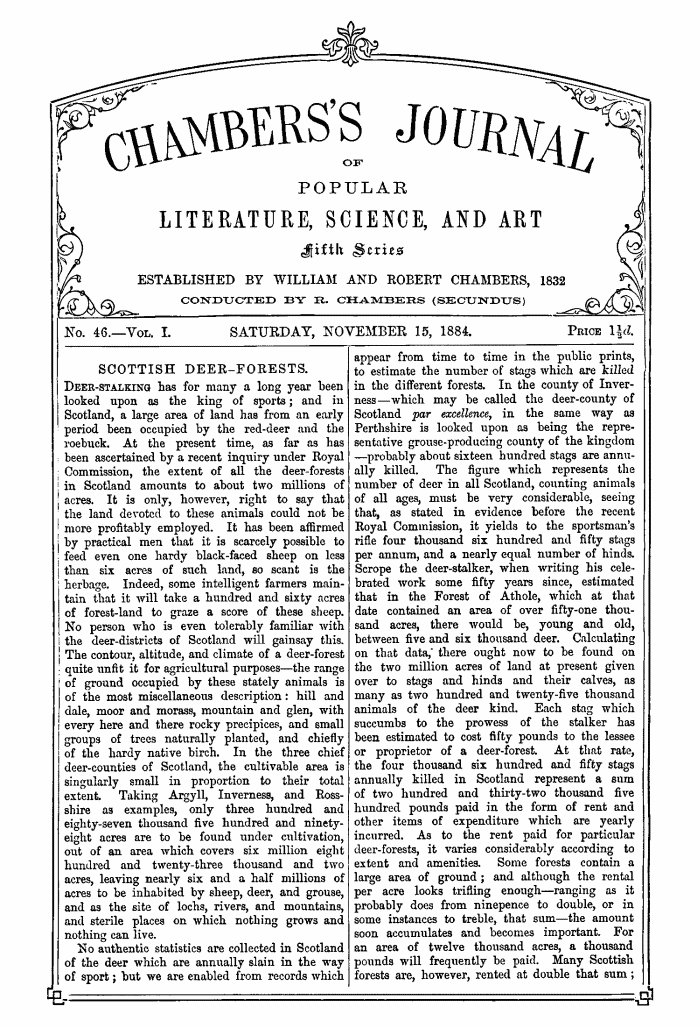 Chambers's Journal of Popular Literature, Science, and Art, Fifth Series, No. 46, Vol. I, November 15, 1884 Chambers's Journal of Popular Literature, Science, and Art, Fifth Series, No. 46, Vol. I, November 15, 1884