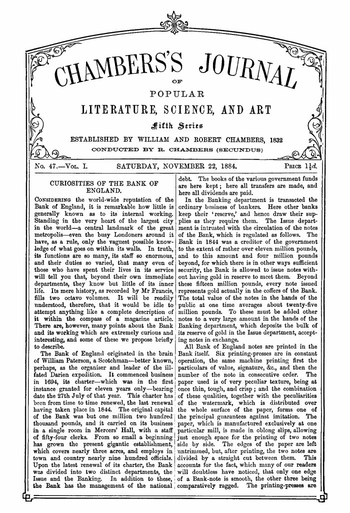 Chambers's Journal of Popular Literature, Science, and Art, Fifth Series, No. 47, Vol. I, November 22, 1884 Chambers's Journal of Popular Literature, Science, and Art, Fifth Series, No. 47, Vol. I, November 22, 1884
