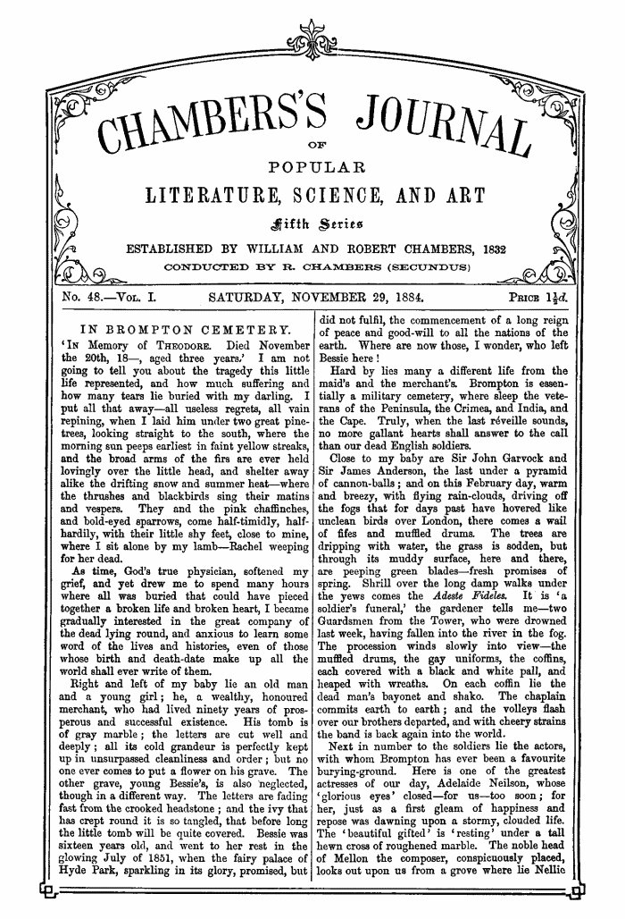 Chambers's Journal of Popular Literature, Science, and Art, Fifth Series, No. 48, Vol. I, November 29, 1884 Chambers's Journal of Popular Literature, Science, and Art, Fifth Series, No. 48, Vol. I, November 29, 1884
