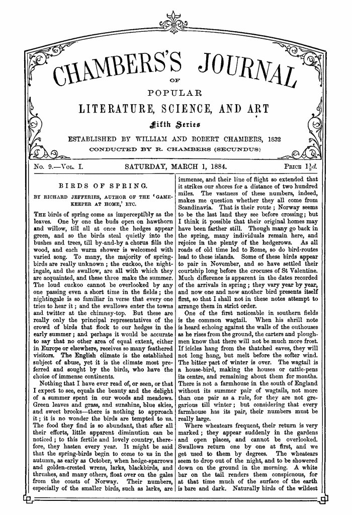 Chambers's Journal of Popular Literature, Science, and Art, Fifth Series, No. 9, Vol. I, March 1, 1884 Chambers's Journal of Popular Literature, Science, and Art, Fifth Series, No. 9, Vol. I, March 1, 1884