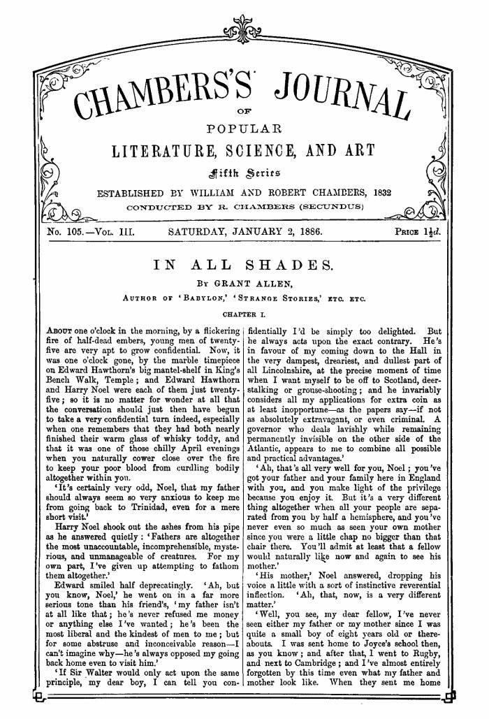 Chambers'ın Halk Edebiyatı, Bilim ve Sanat Dergisi, Beşinci Seri, No. 105, Cilt III, 2 Ocak 1886.