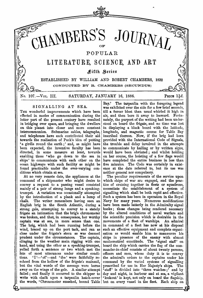 Chambers's Journal of Popular Literature, Science, and Art, Fifth Series, No. 107, Vol. III, January 16, 1886 Chambers's Journal of Popular Literature, Science, and Art, Fifth Series, No. 107, Vol. III, January 16, 1886