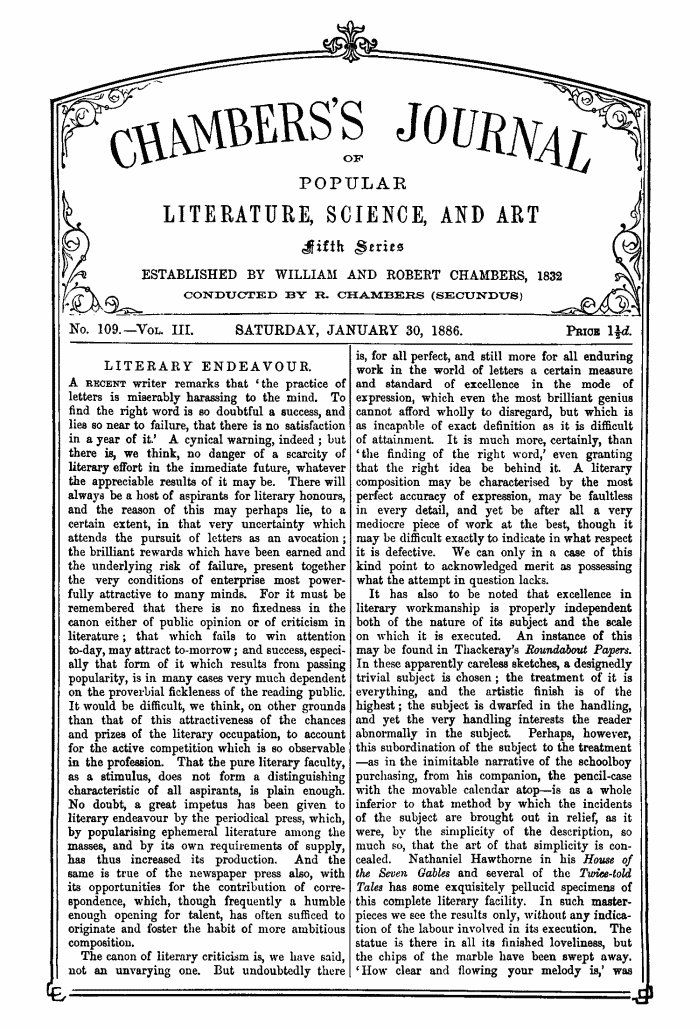 Chambers's Journal of Popular Literature, Science, and Art, Fifth Series, No. 109, Vol. III, January 30, 1886 Chambers's Journal of Popular Literature, Science, and Art, Fifth Series, No. 109, Vol. III, January 30, 1886
