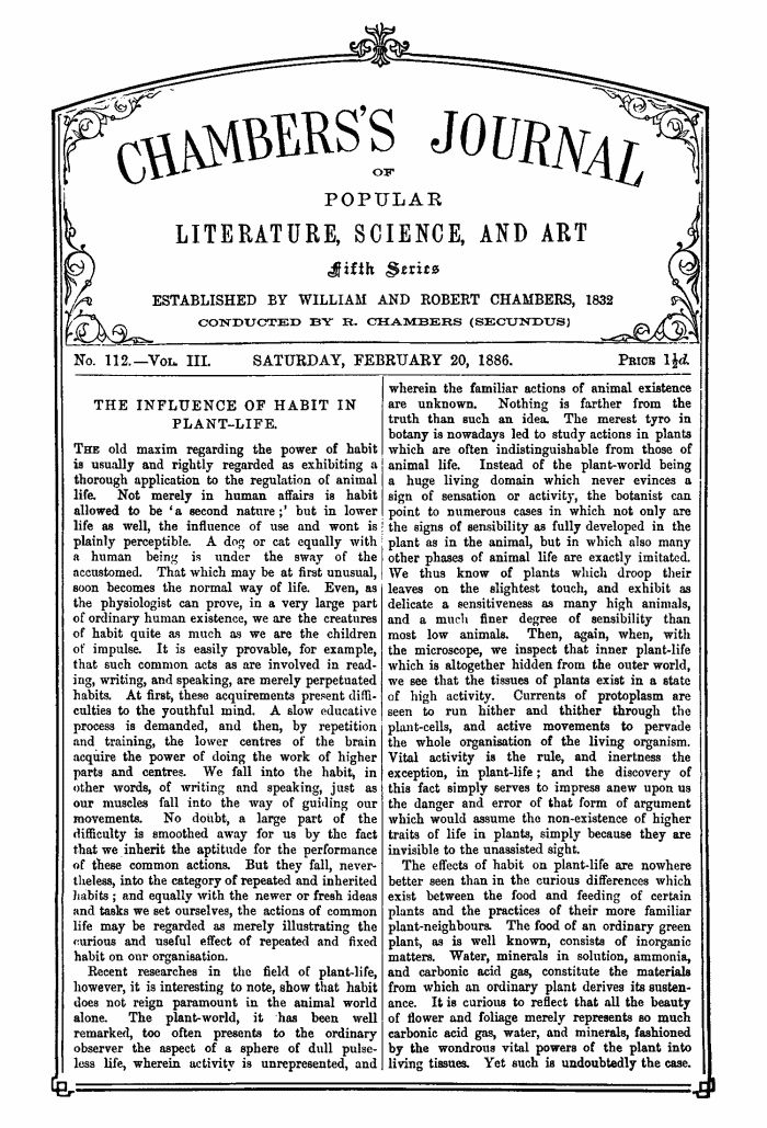 Chambers's Journal of Popular Literature, Science, and Art, Fifth Series, No. 112, Vol. III, February 20, 1886 Chambers's Journal of Popular Literature, Science, and Art, Fifth Series, No. 112, Vol. III, February 20, 1886
