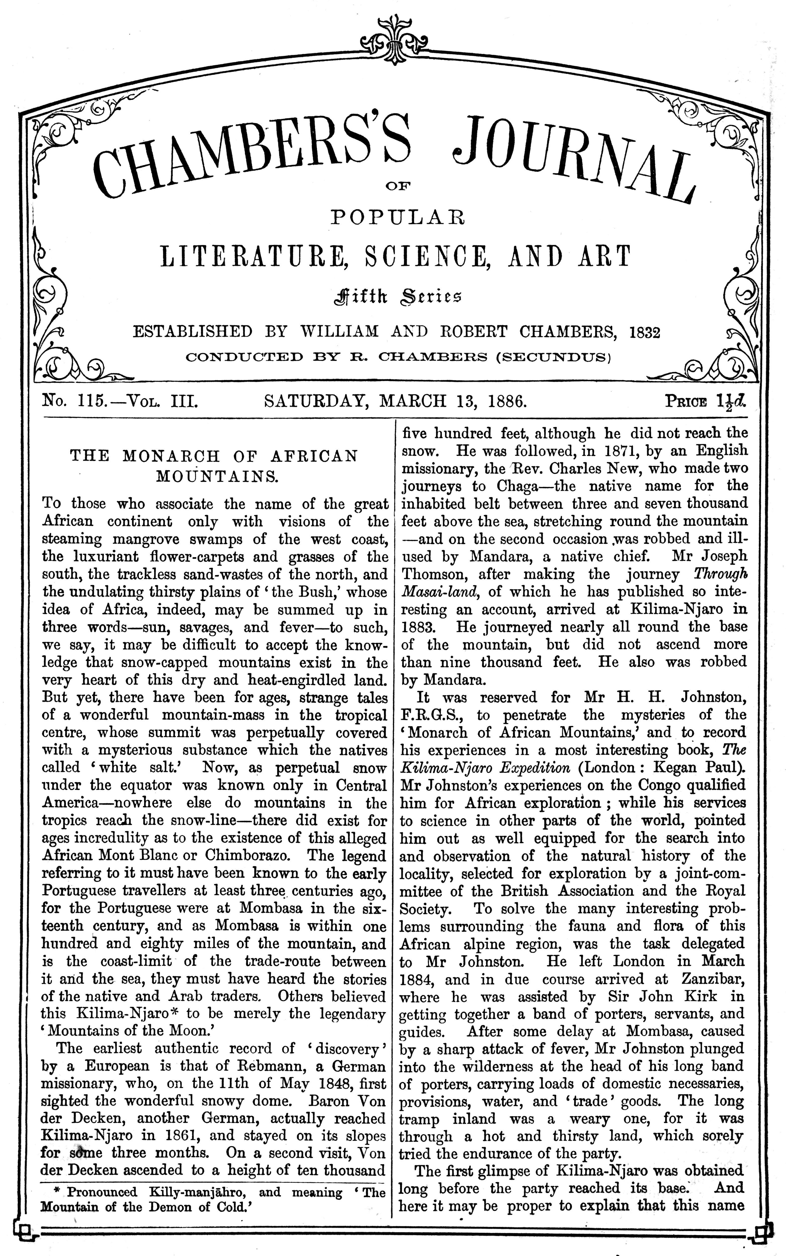 Chambers's Journal of Popular Literature, Science, and Art, Fifth Series, No. 115, Vol. III, March 13, 1886 Chambers's Journal of Popular Literature, Science, and Art, Fifth Series, No. 115, Vol. III, March 13, 1886