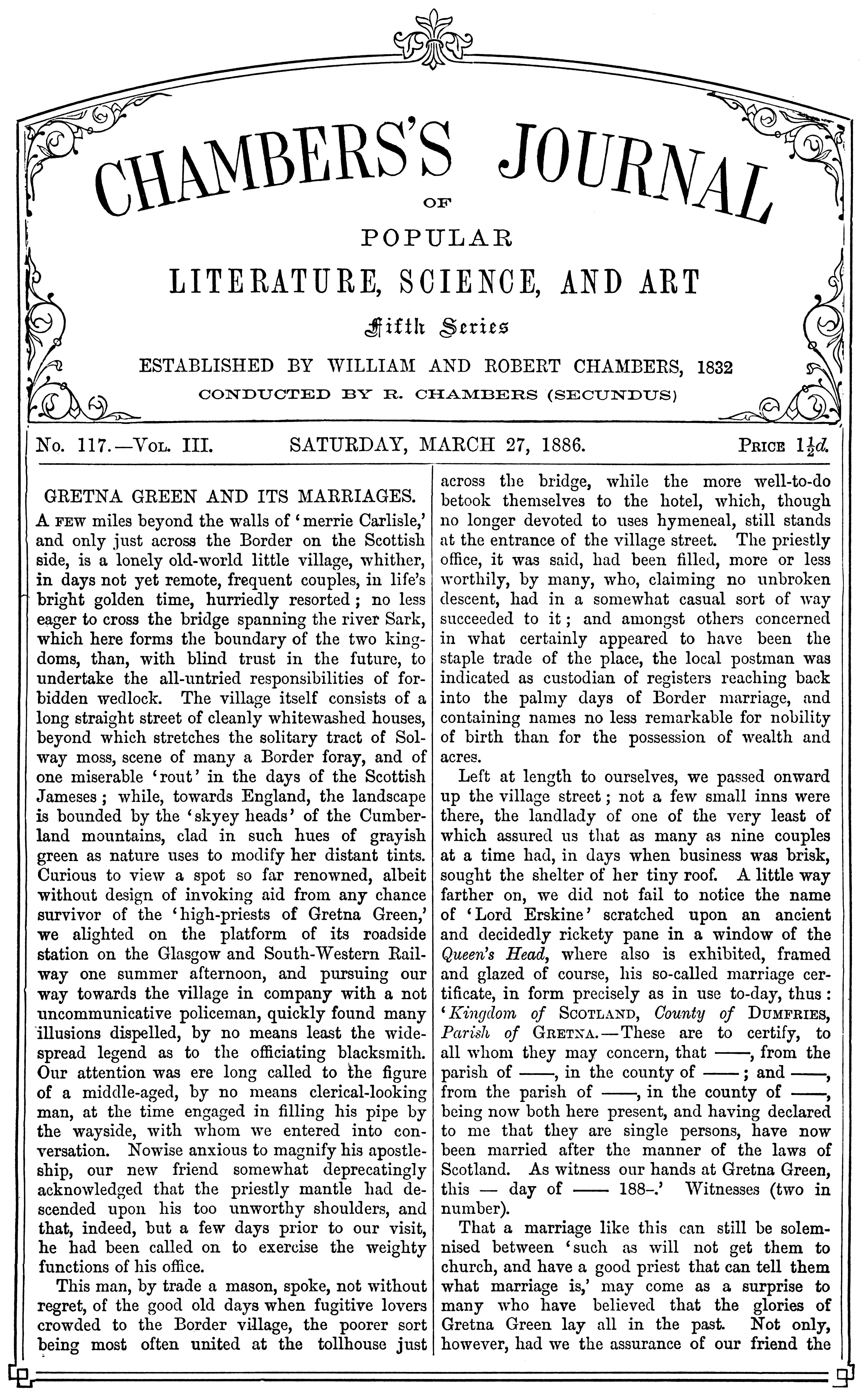 Chambers's Journal of Popular Literature, Science, and Art, fifth series, no. 117, vol. III, March 27, 1886 Chambers's Journal of Popular Literature, Science, and Art, fifth series, no. 117, vol. III, March 27, 1886