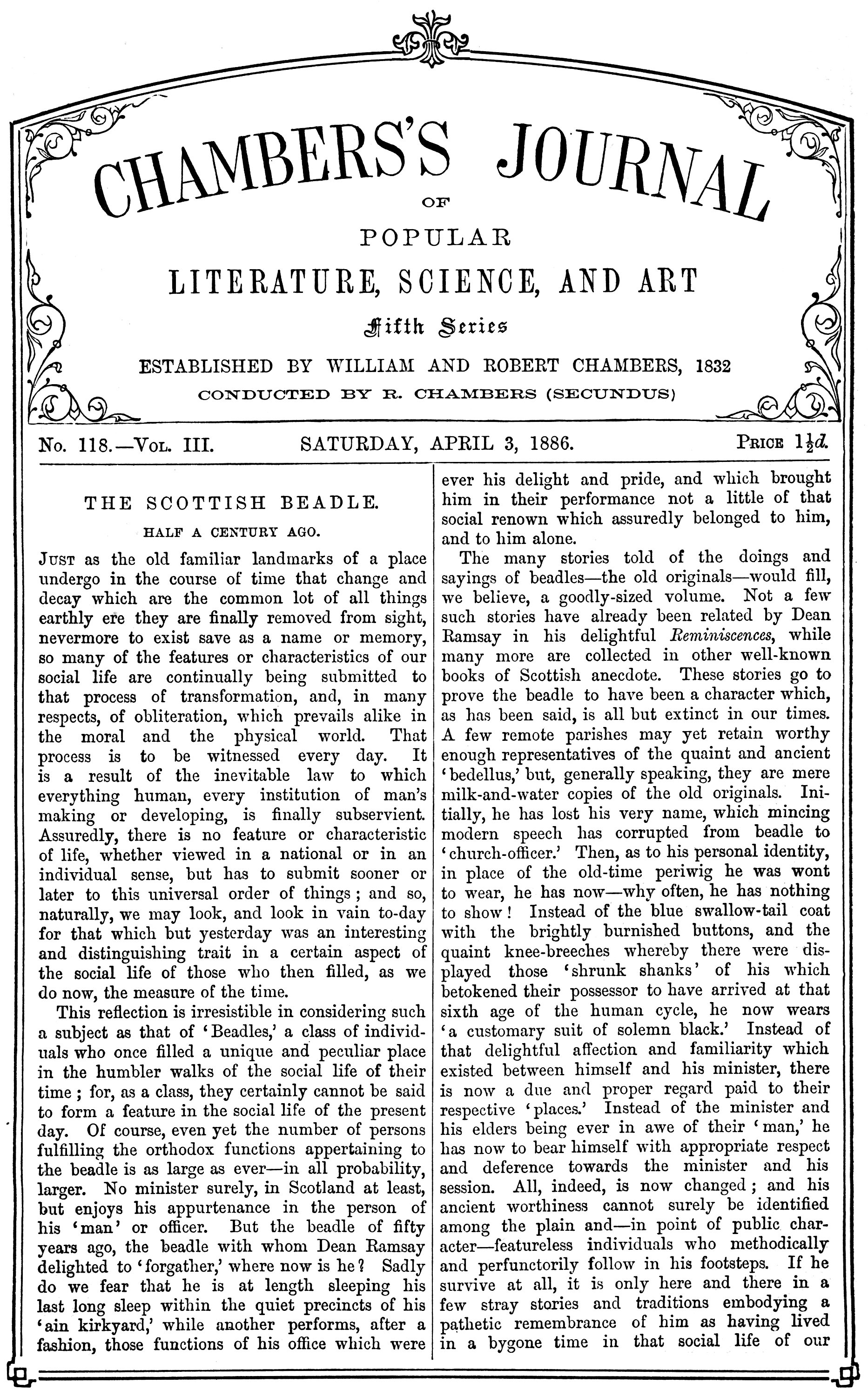 Chambers's Journal of Popular Literature, Science, and Art, fifth series, no. 118, vol. III, April 3, 1886 Chambers's Journal of Popular Literature, Science, and Art, fifth series, no. 118, vol. III, April 3, 1886