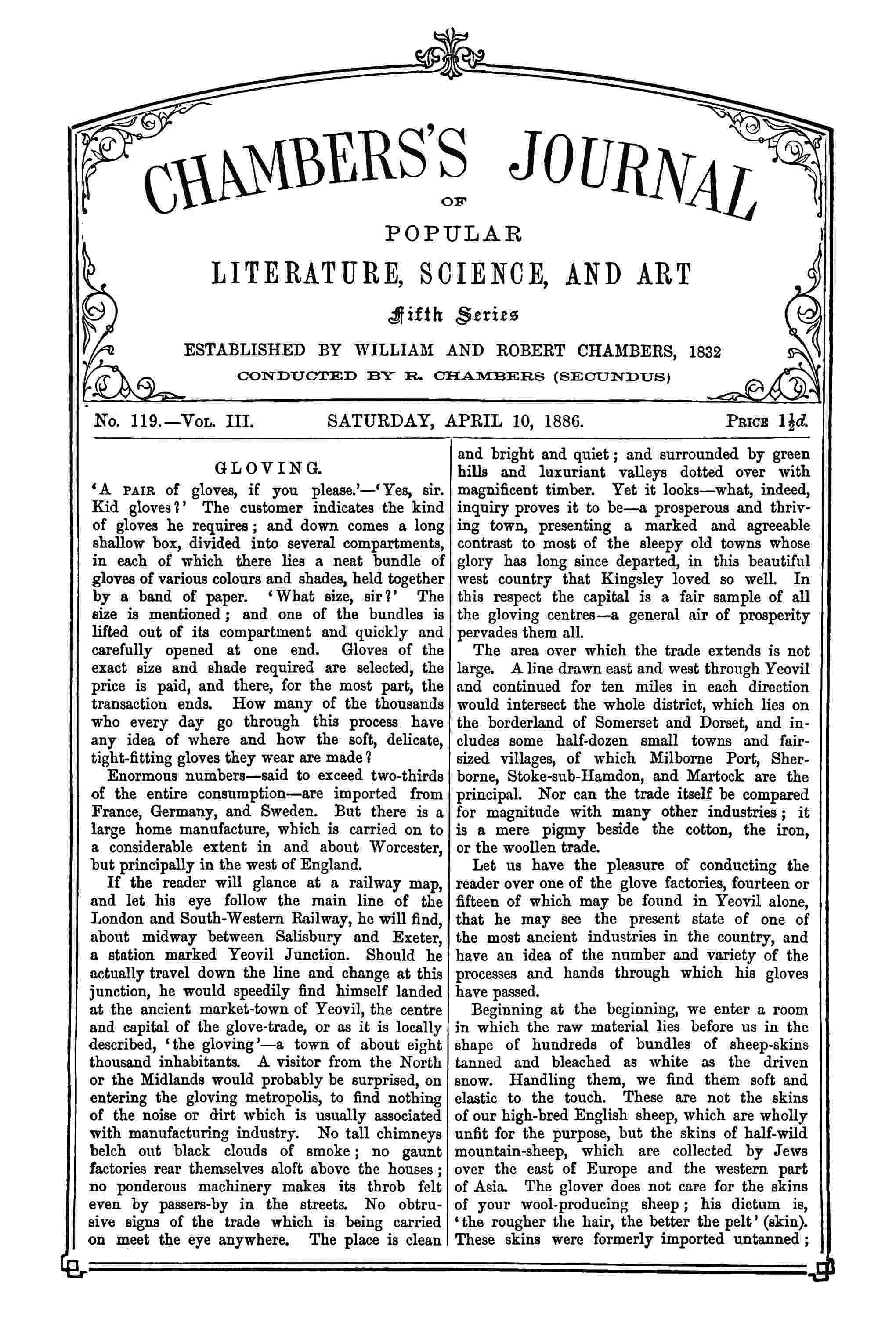 Chambers's journal of popular literature, science, and art, fifth series, no. 119, vol. III, April 4, 1886 Chambers's journal of popular literature, science, and art, fifth series, no. 119, vol. III, April 4, 1886