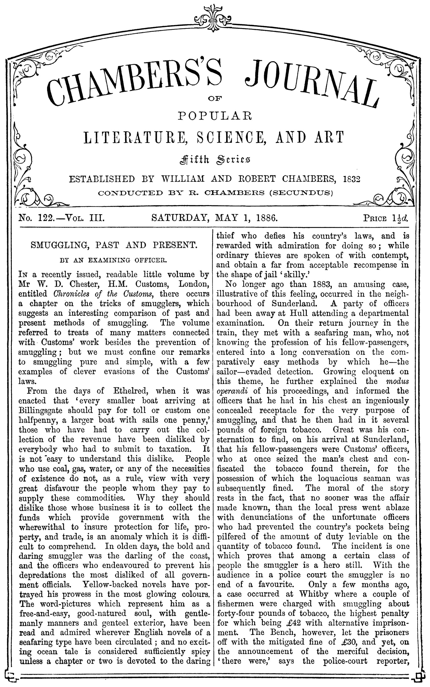 Chambers's journal of popular literature, science, and art, fifth series, no. 122, vol. III, May 1, 1886 Chambers's journal of popular literature, science, and art, fifth series, no. 122, vol. III, May 1, 1886